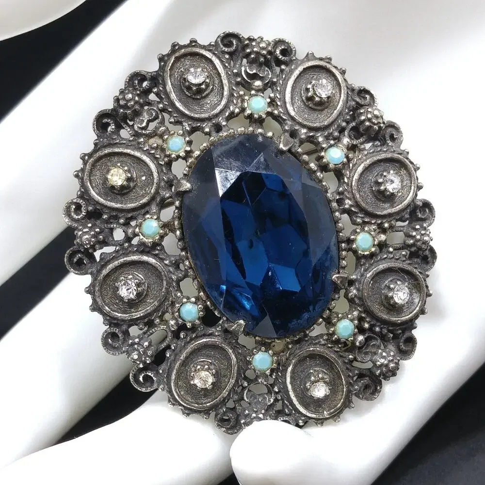 Florenza Blue Faceted Glass Brooch & Pendant, Antique Silver Tone, Gold Plated